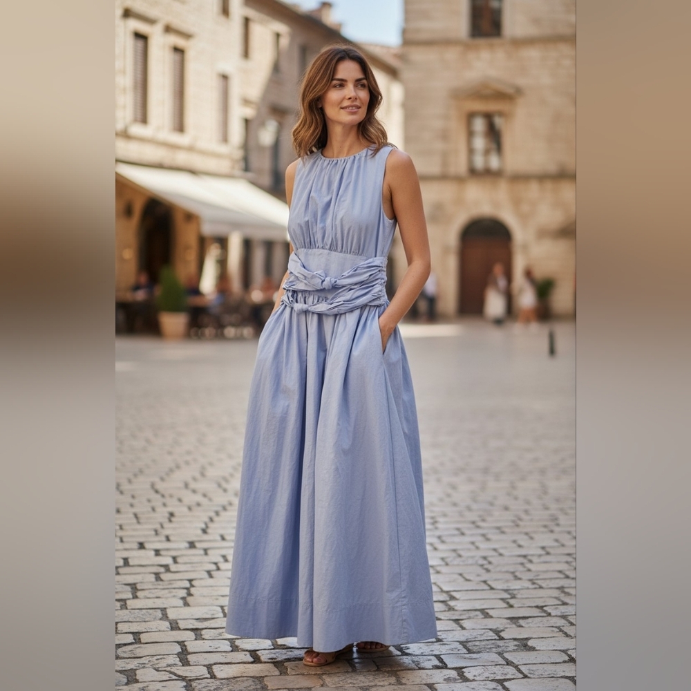 #040 Commense Light Blue Gathered Waist Maxi Dress